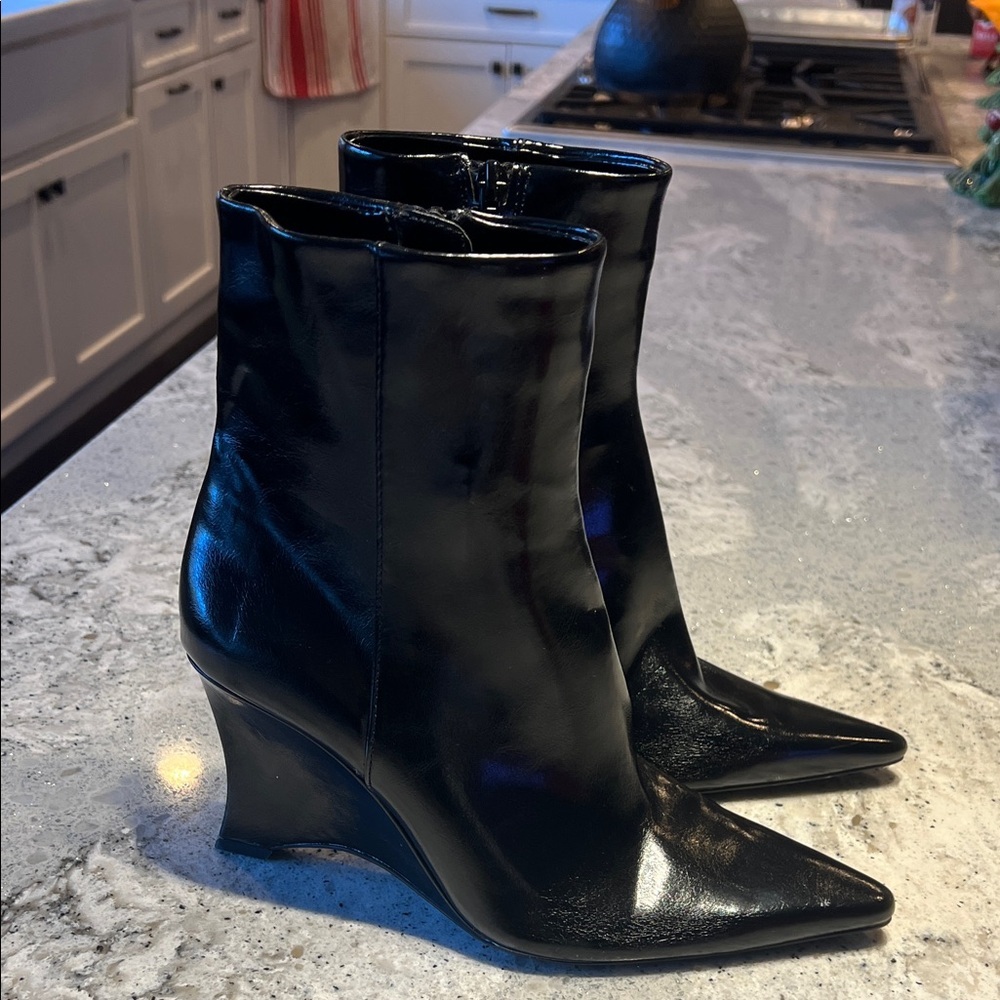 Zara Black Patent Pointed Wedge Ankle Boots